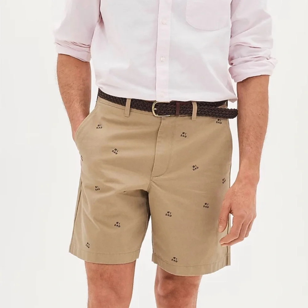 J. Crew Men's 8” Classic Tan Chino Shorts with #1 Dad Embroidery, 34W, NWOT
